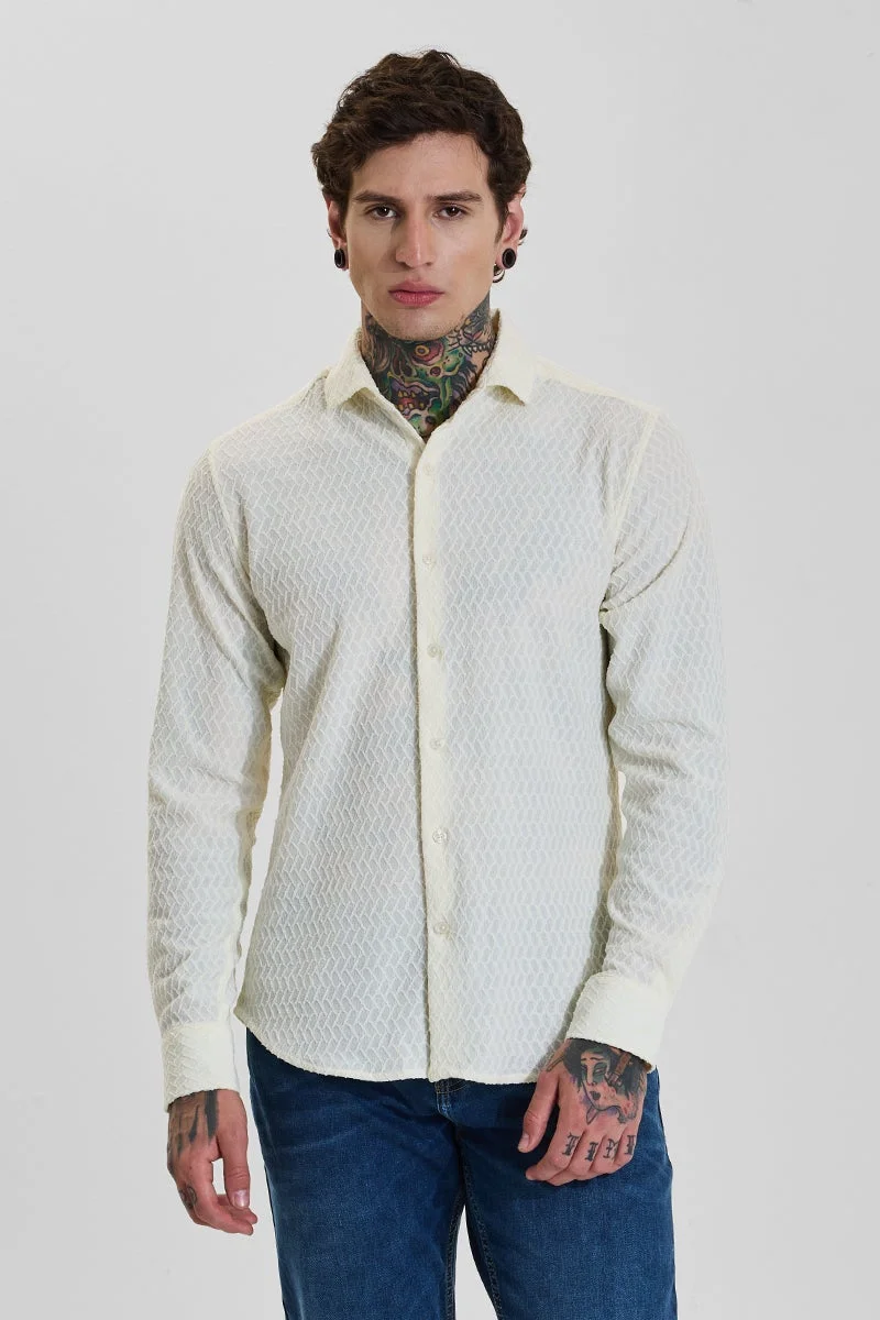 SNITCH Light Cream Textured Long Sleeve Slim Fit Shirt