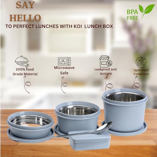 KOI TiffinPro Lunch Box Set with Insulated Bag, 3 Microwave Safe Inner Steel Containers (290ml, 450ml, 600ml), Plastic Pickle Box(180), Spoon | Ideal for School, College, Office| Color-Grey - Image 3