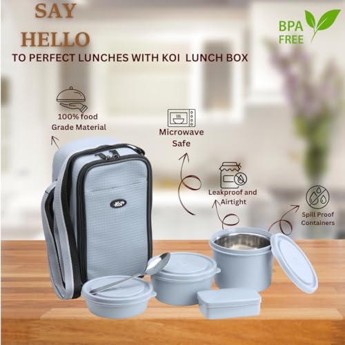 KOI TiffinPro Lunch Box Set with Insulated Bag, 3 Microwave Safe Inner Steel Containers (290ml, 450ml, 600ml), Plastic Pickle Box(180), Spoon | Ideal for School, College, Office| Color-Grey - Image 2