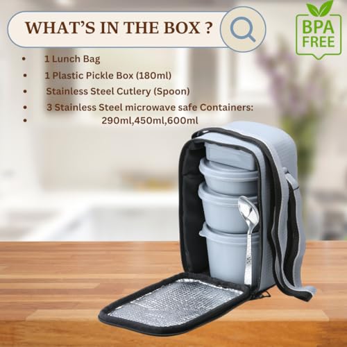 KOI TiffinPro Lunch Box Set with Insulated Bag, 3 Microwave Safe Inner Steel Containers (290ml, 450ml, 600ml), Plastic Pickle Box(180), Spoon | Ideal for School, College, Office| Color-Grey - Image 4