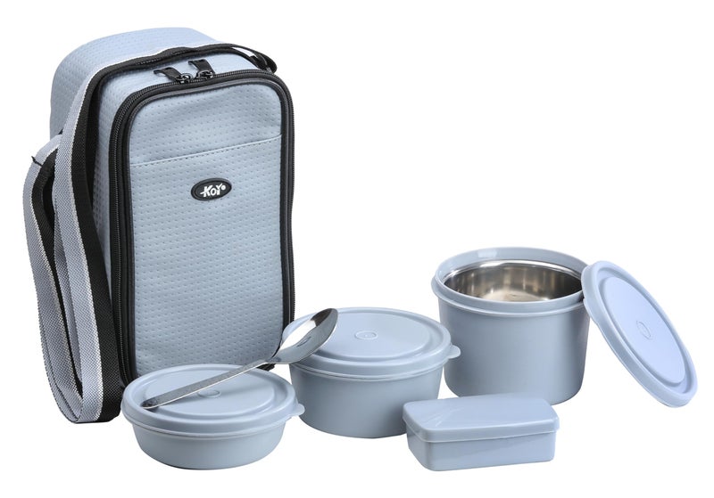 KOI TiffinPro Lunch Box Set with Insulated Bag, 3 Microwave Safe Inner Steel Containers (290ml, 450ml, 600ml), Plastic Pickle Box(180), Spoon | Ideal for School, College, Office| Color-Grey - Image 1