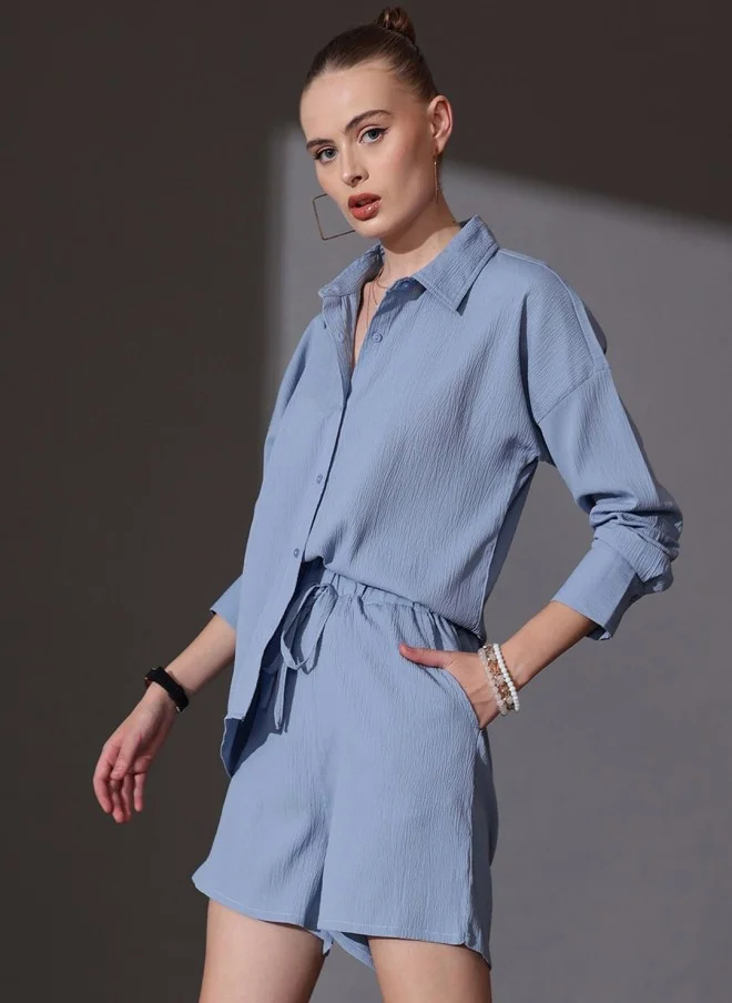 STREET 9 Blue Self Design Shirt And Shorts Co-Ords For Women