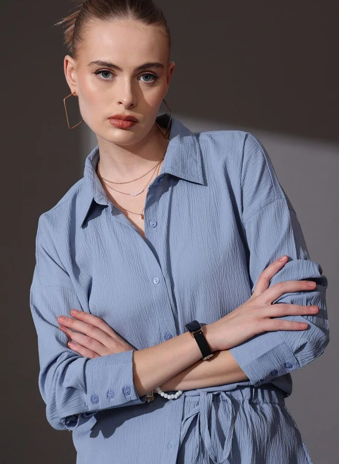 STREET 9 Blue Self Design Shirt And Shorts Co-Ords For Women