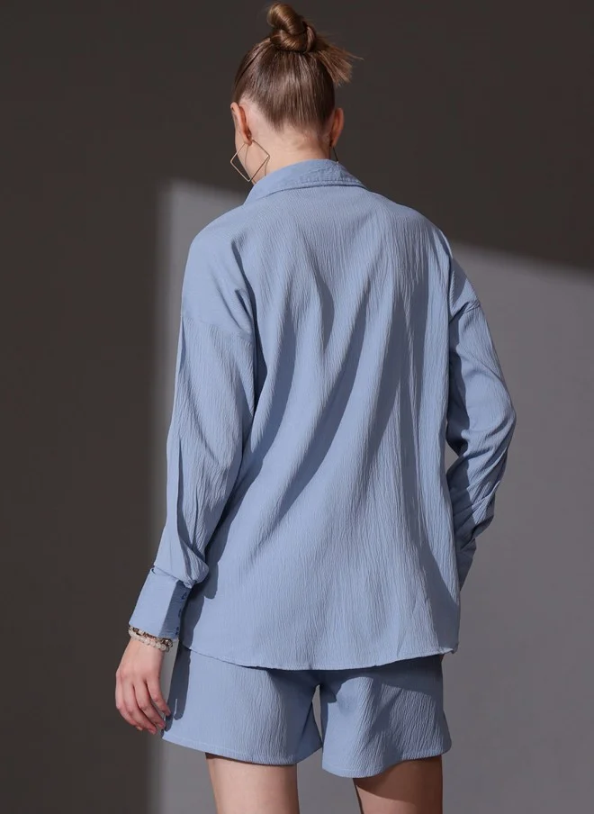 STREET 9 Blue Self Design Shirt And Shorts Co-Ords For Women