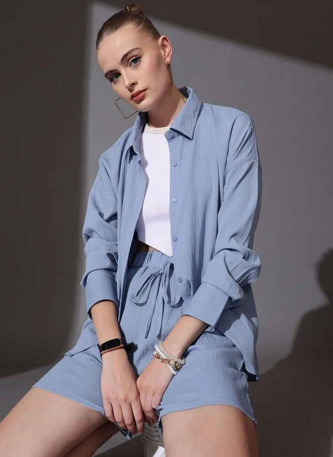 STREET 9 Blue Self Design Shirt And Shorts Co-Ords For Women