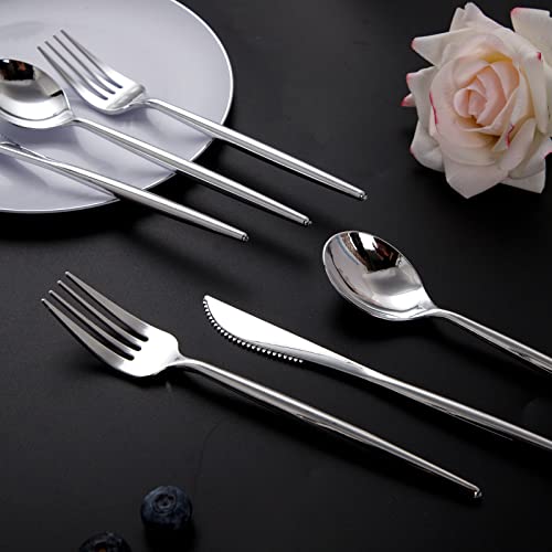 SUT 150Pcs Silver Plastic Silverware, Silver Disposable Cutlery, Heavy Duty Disposable Silverware, Plastic Utensils Include 50 Plastic Forks, 50 Plastic Spoons, 50 Plastic Knives - Image 2