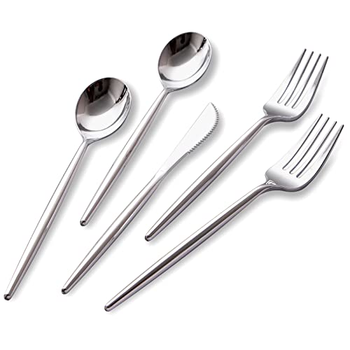 SUT 150Pcs Silver Plastic Silverware, Silver Disposable Cutlery, Heavy Duty Disposable Silverware, Plastic Utensils Include 50 Plastic Forks, 50 Plastic Spoons, 50 Plastic Knives - Image 1