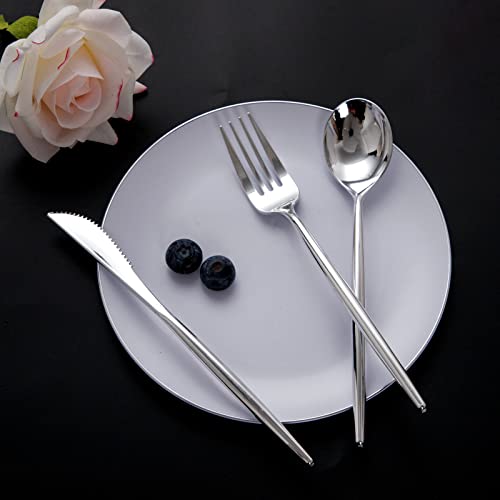 SUT 150Pcs Silver Plastic Silverware, Silver Disposable Cutlery, Heavy Duty Disposable Silverware, Plastic Utensils Include 50 Plastic Forks, 50 Plastic Spoons, 50 Plastic Knives - Image 3