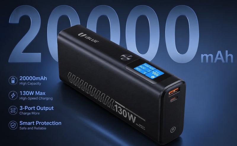 يوبلو شاحن محمول UBLUE بسعة 20000 مللي أمبير، وقوة 130 واط، ومنفذ USB-C، وبطارية عالية الطاقة لأجهزة MacBook وiPad وiPhone وSamsung Galaxy وSteam Deck، باللون الأسود. - Image 2