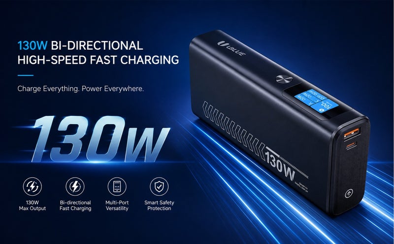 يوبلو شاحن محمول UBLUE بسعة 20000 مللي أمبير، وقوة 130 واط، ومنفذ USB-C، وبطارية عالية الطاقة لأجهزة MacBook وiPad وiPhone وSamsung Galaxy وSteam Deck، باللون الأسود. - Image 3