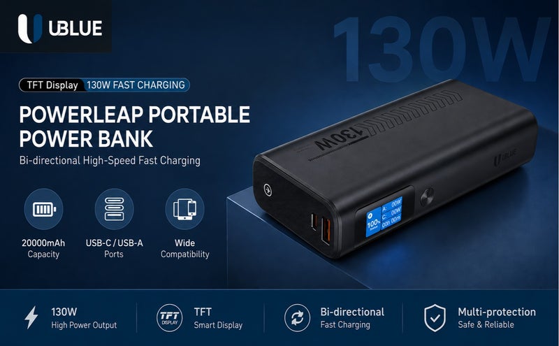 يوبلو شاحن محمول UBLUE بسعة 20000 مللي أمبير، وقوة 130 واط، ومنفذ USB-C، وبطارية عالية الطاقة لأجهزة MacBook وiPad وiPhone وSamsung Galaxy وSteam Deck، باللون الأسود. - Image 4