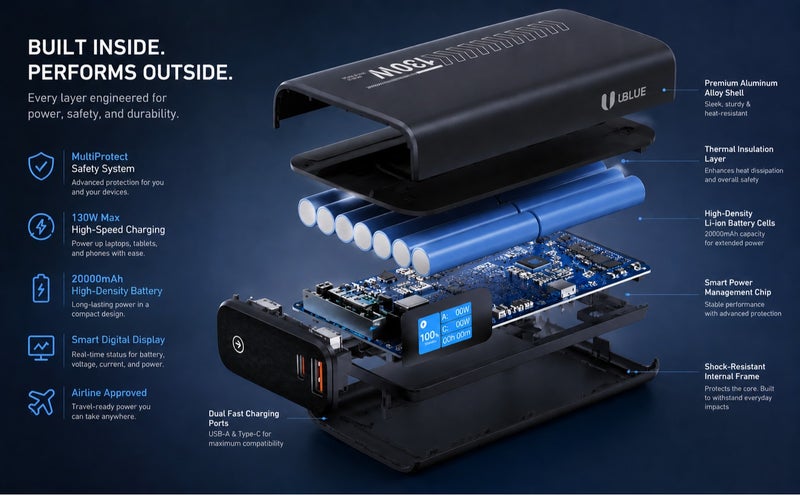 يوبلو شاحن محمول UBLUE بسعة 20000 مللي أمبير، وقوة 130 واط، ومنفذ USB-C، وبطارية عالية الطاقة لأجهزة MacBook وiPad وiPhone وSamsung Galaxy وSteam Deck، باللون الأسود. - Image 5