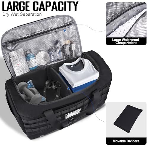 MOZETO Black Duffle Bag for Men 45L Carry On 22x14x9 Travel Duffle with Shoe Compartment Tactical Inspired Heavy Duty GYM Overnight Bag WetDry Separated Compartment - Image 3