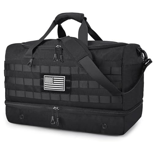 MOZETO Black Duffle Bag for Men 45L Carry On 22x14x9 Travel Duffle with Shoe Compartment Tactical Inspired Heavy Duty GYM Overnight Bag WetDry Separated Compartment - Image 1
