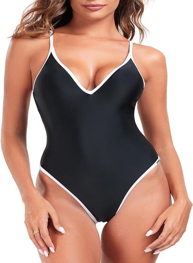DADDY COME Women's One Piece Swimsuit Sports Adjustable Strap Bathing Suit Color Block Ribbed High Cut Swimsuits, Black&Pink (in, Alpha, XL, Regular, Black) - Image 1