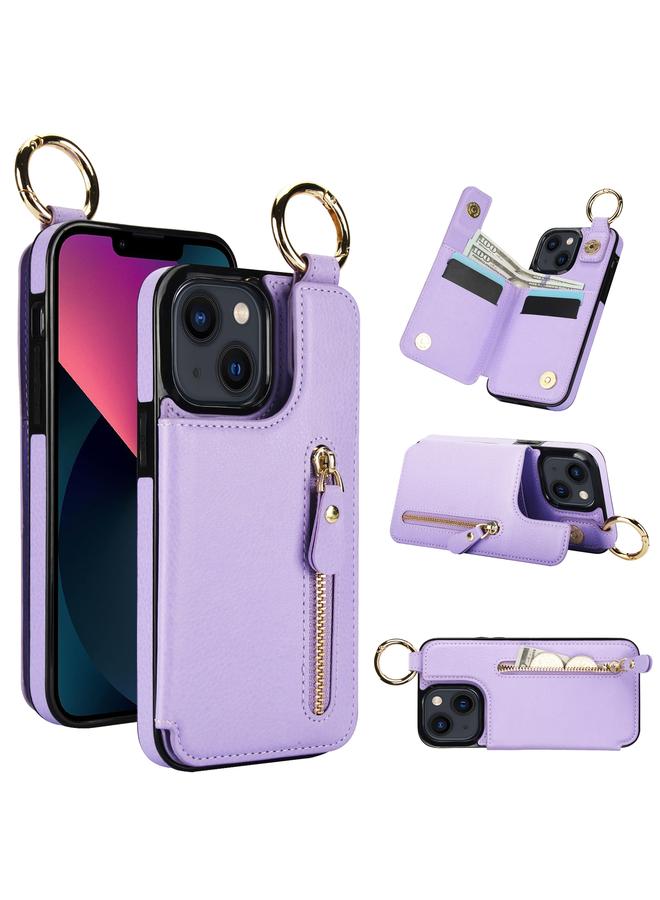 زبون جراب لهاتف iPhone 13 mini بنسيج الليتشي وسحاب ومشبك مزدوج وحقيبة بطاقات - Image 1