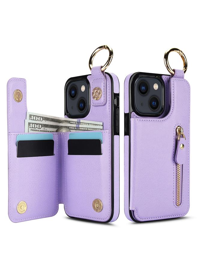 زبون جراب لهاتف iPhone 13 mini بنسيج الليتشي وسحاب ومشبك مزدوج وحقيبة بطاقات - Image 2