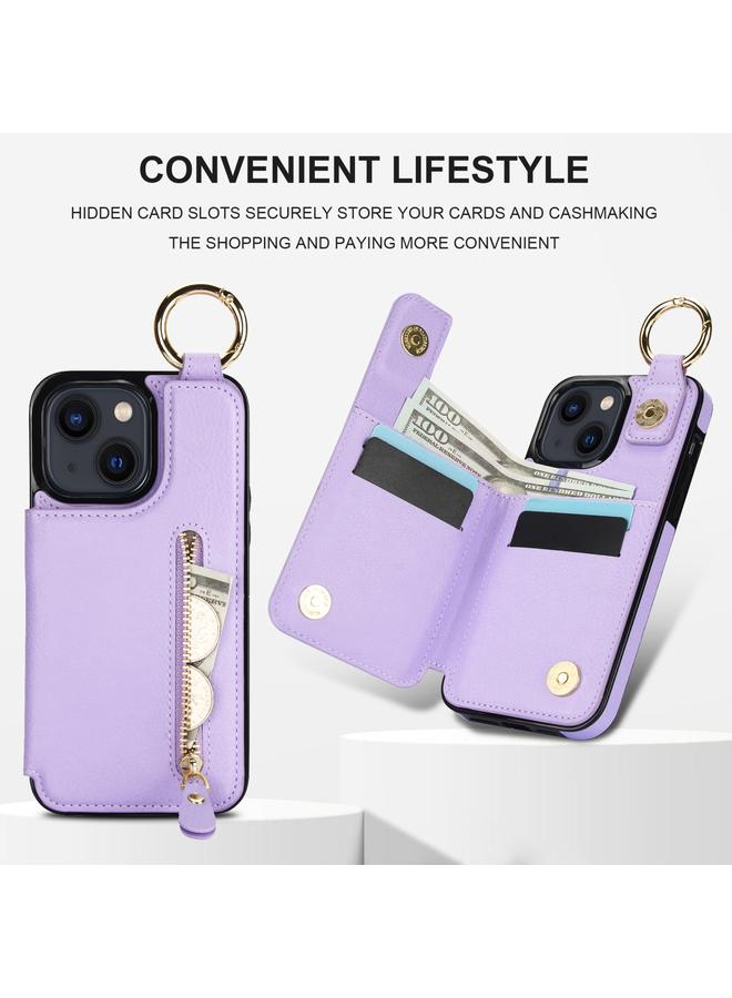 زبون جراب لهاتف iPhone 13 mini بنسيج الليتشي وسحاب ومشبك مزدوج وحقيبة بطاقات - Image 5