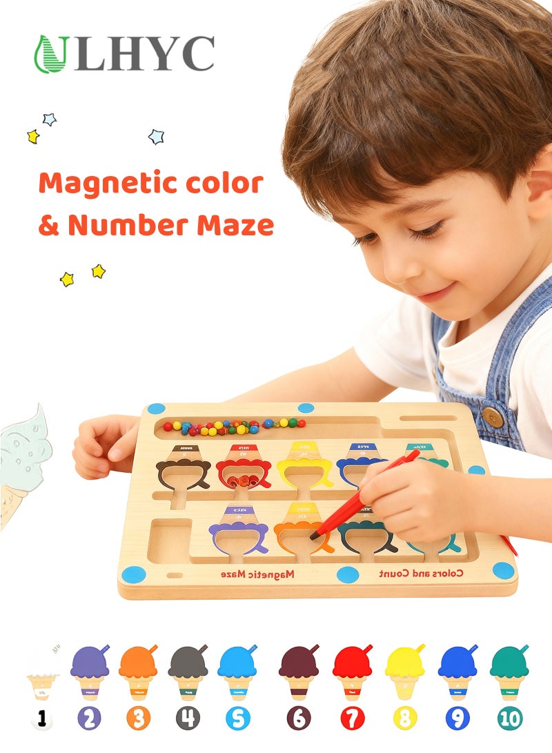 يو إل اتش واي سي لعبة مونتيسوري التعليمية المغناطيسية للأطفال من سن 3 سنوات فما فوق - لوحة متاهة الألوان والأرقام، لعبة خشبية آمنة للمهارات الحركية الدقيقة - Image 1