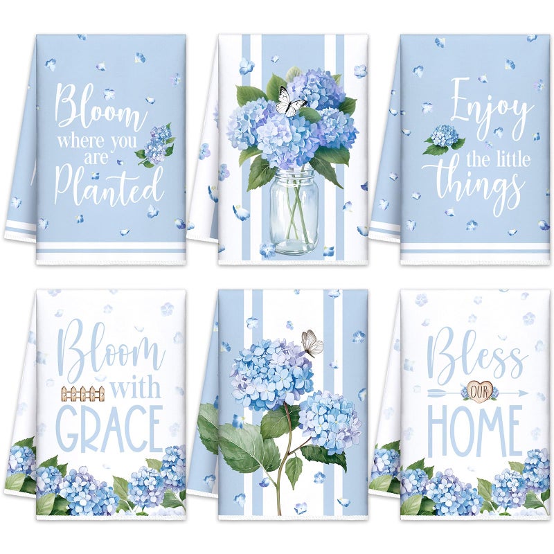 SmoothNovelty 6 Pcs Hydrangea Kitchen Towels Blue and White Spring Dish Towels 21.3 x 14.2 Inch Decorative Flower Hand Towel Decorative Hydrangea Tea Towel for Kitchen Bathroom Decor Housewarming Gift - Image 1
