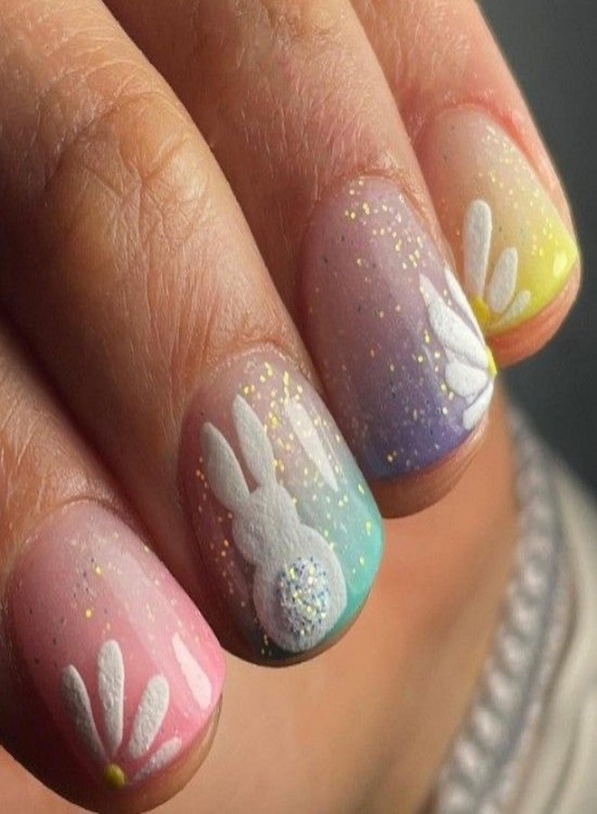 OFDNE Easter Press on Nails Extra Short Square OFDNE Fake Nails Cute False Nails with Ombre Embossed Bunny Flower Glitter Designs Colorful Glossy Glue on Nail Spring Acrylic Nails for Women Girls 24Pcs - Image 1
