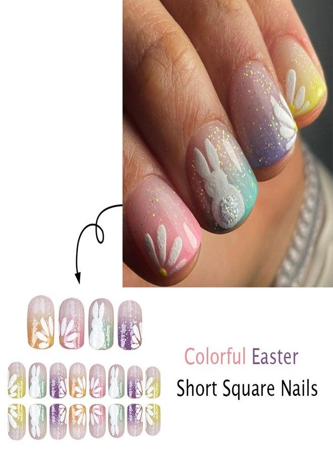 OFDNE Easter Press on Nails Extra Short Square OFDNE Fake Nails Cute False Nails with Ombre Embossed Bunny Flower Glitter Designs Colorful Glossy Glue on Nail Spring Acrylic Nails for Women Girls 24Pcs - Image 2