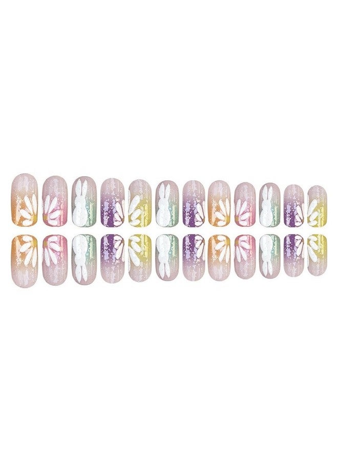 OFDNE Easter Press on Nails Extra Short Square OFDNE Fake Nails Cute False Nails with Ombre Embossed Bunny Flower Glitter Designs Colorful Glossy Glue on Nail Spring Acrylic Nails for Women Girls 24Pcs - Image 4