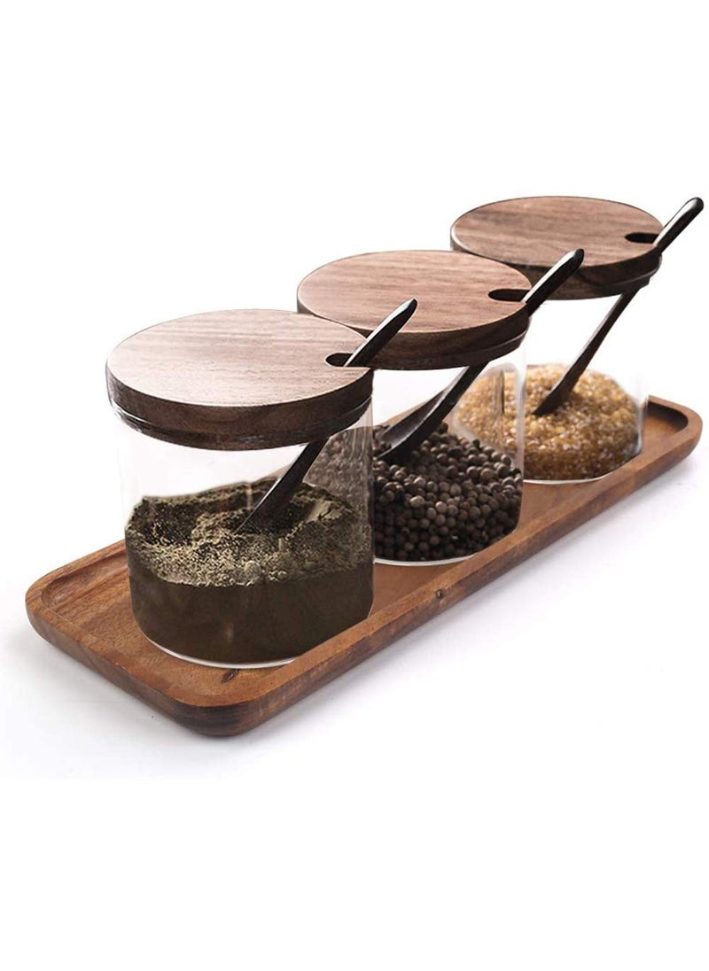Hovico Hovico Condiment Container Seasoning Box Set with Wooden Spoon Lid and Base Salt Sugar Spice Pepper Condiment Container Jar Set of 3 
