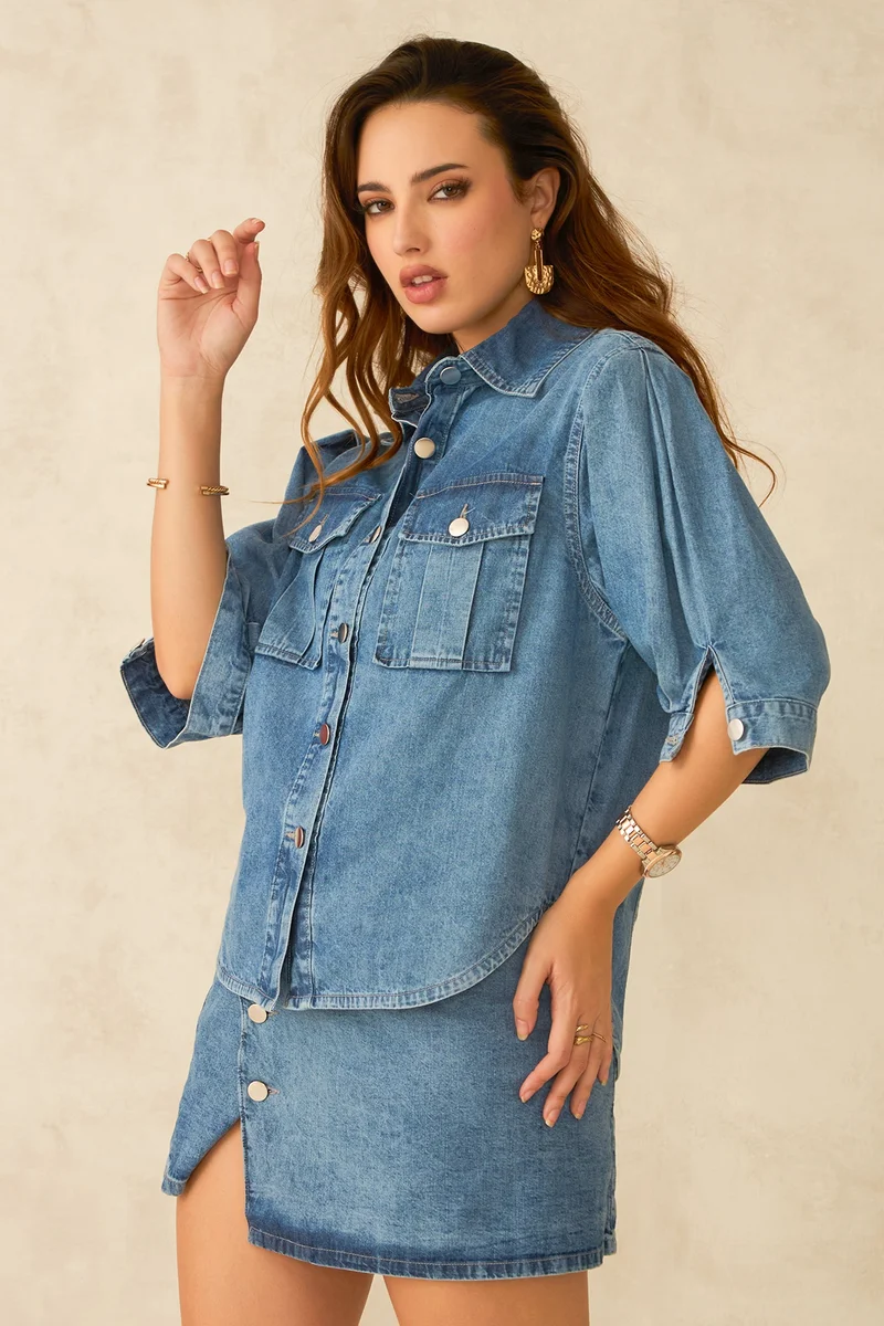فيرجيو Cotton Pleated Daywear Sleeve Denim Shirts for Women