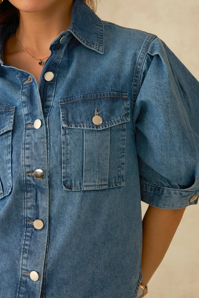 فيرجيو Cotton Pleated Daywear Sleeve Denim Shirts for Women