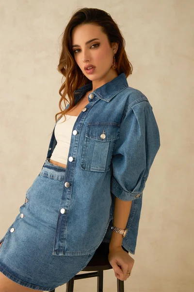 Virgio Cotton Pleated Daywear Sleeve Denim Shirts for Women