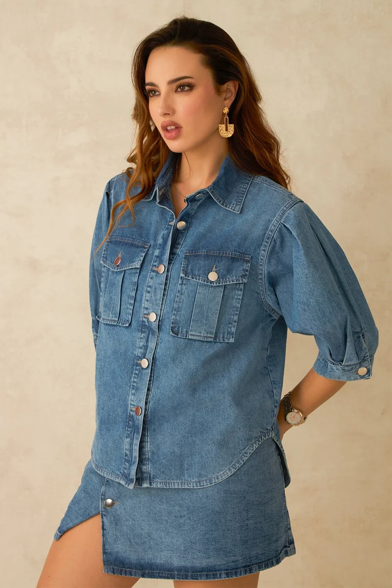 فيرجيو Cotton Pleated Daywear Sleeve Denim Shirts for Women