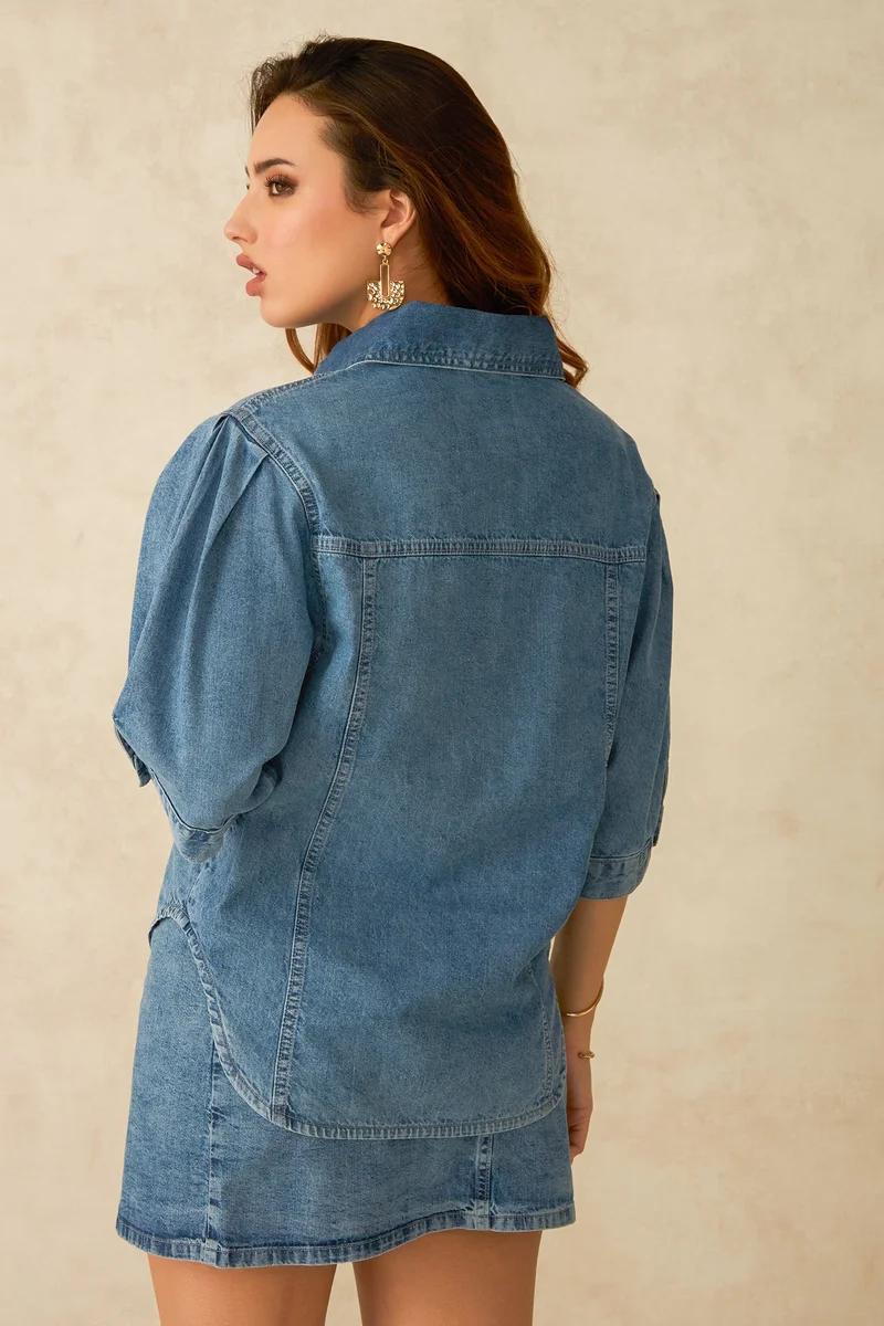 فيرجيو Cotton Pleated Daywear Sleeve Denim Shirts for Women
