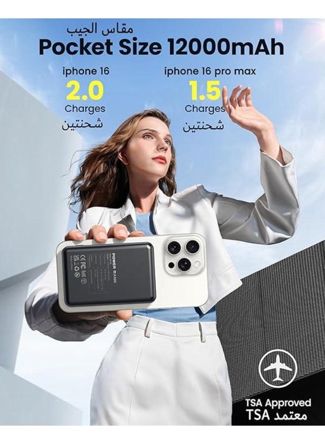 بنك طاقة مغناطيسي بسعة 12000 مللي أمبير في الساعة متوافق مع MagSafe، وشاحن محمول لاسلكي لسلسلة iPhone 16/15/14/13/12 - Image 3