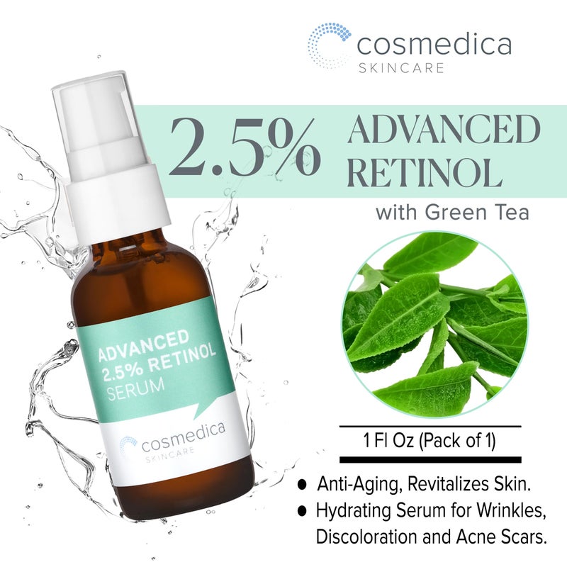 Cosmedica Skincare's Advanced 2.5% Retinol Serum w/Green Tea, Hyaluronic Acid & Vit E - Anti-Aging, Skin Revitalizing, Hydrating Serum for Fine Lines, Wrinkles, Discoloration, and Acne Scars, 1oz - Image 2