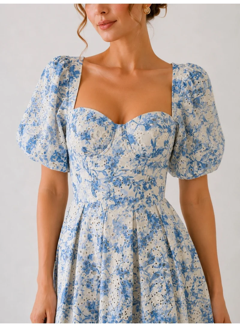 2Trendy Women's Blue Midi Dress with Corset Bodice, Puff Sleeves and Floral Print