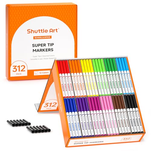 Shuttle Art 312 Pack Washable Super Tips Markers 12 Assorted Colors Conical Tip Large Markers Bulk with a Box Bonus Caps Home Classroom School Supplies for Toddlers Kids Adults Students Teachers - Image 1