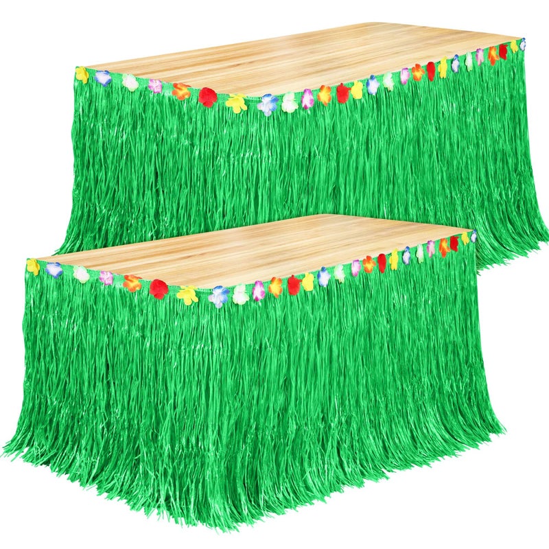 Fovths 2 Pack Luau Grass Table Skirt Natural 9 Feet x 295 Inch Hawaiian Table Skirt for Tropical Hawaiian Party Decorations Luau Party Costume Party Green