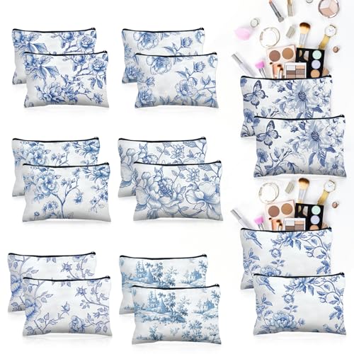 Stuffygreenus 16 Pcs Floral Cosmetic Bags Bulk for Women Blue and White Floral Makeup Bags Chinoiserie Canvas Travel Zipper Pouches Aesthetic Toiletry Bag for Girls Women Bridesmaids Wedding Supplies - Image 1
