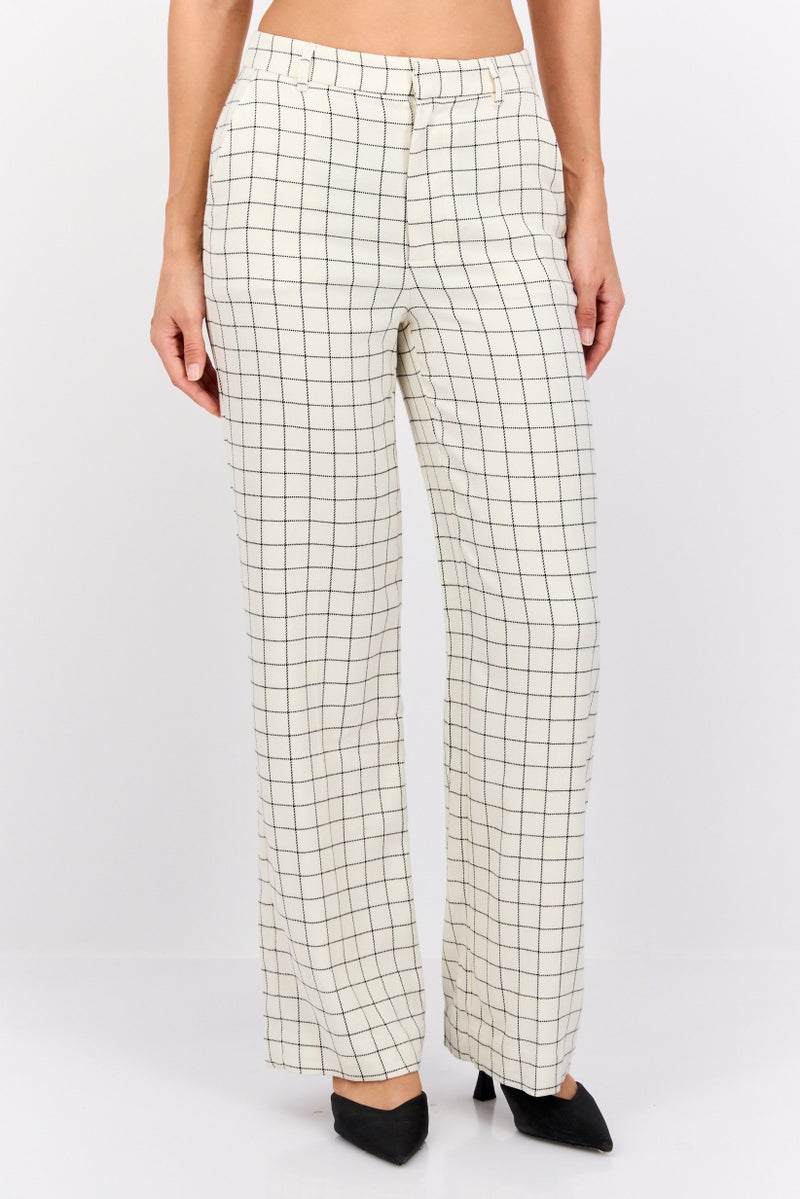 Scotch & Soda Women Regular Fit Straight Leg Checkered Pants, Beige - Image 1