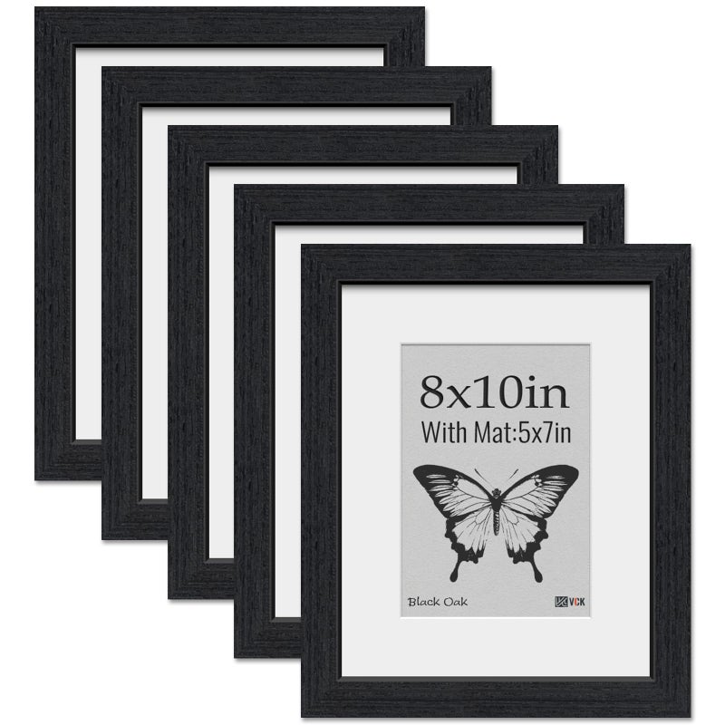 VCK 8x10 Picture Frame 5 Pack  Natural Wood Grain Black Oak & HD Glass  Display 5x7 Photos with Mat or 8x10 without Mat  Tabletop or Wall Hanging - Image 1