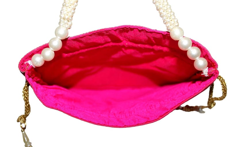 MILAN'S CREATION : Pearl & Zardosi Potli Bag Hand Embroidery Drawstring Potli Women's Handbag Purse With Pearl Handle & Tassel Purse - Image 5