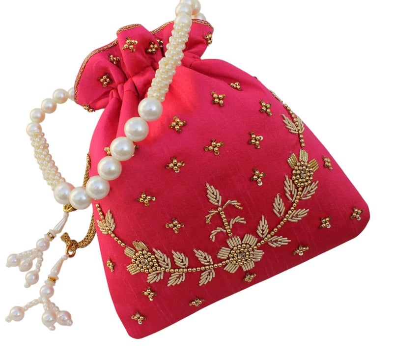 MILAN'S CREATION : Pearl & Zardosi Potli Bag Hand Embroidery Drawstring Potli Women's Handbag Purse With Pearl Handle & Tassel Purse - Image 4