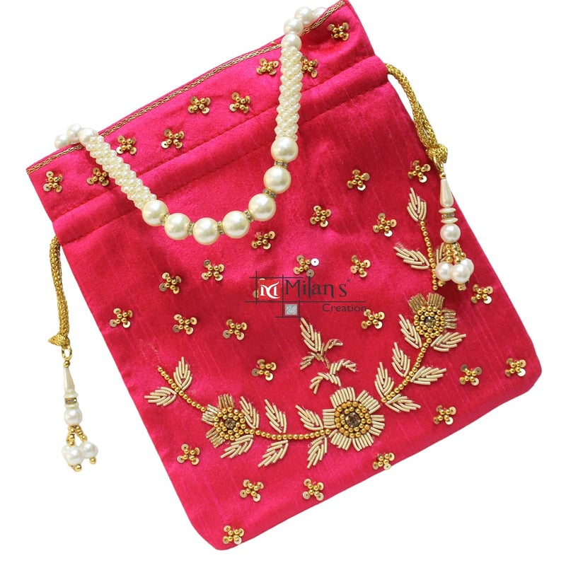MILAN'S CREATION : Pearl & Zardosi Potli Bag Hand Embroidery Drawstring Potli Women's Handbag Purse With Pearl Handle & Tassel Purse - Image 3