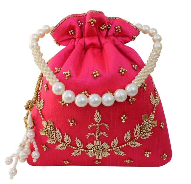 MILAN'S CREATION : Pearl & Zardosi Potli Bag Hand Embroidery Drawstring Potli Women's Handbag Purse With Pearl Handle & Tassel Purse - Image 1
