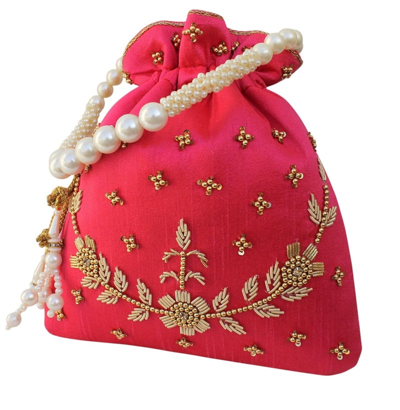 MILAN'S CREATION : Pearl & Zardosi Potli Bag Hand Embroidery Drawstring Potli Women's Handbag Purse With Pearl Handle & Tassel Purse - Image 2