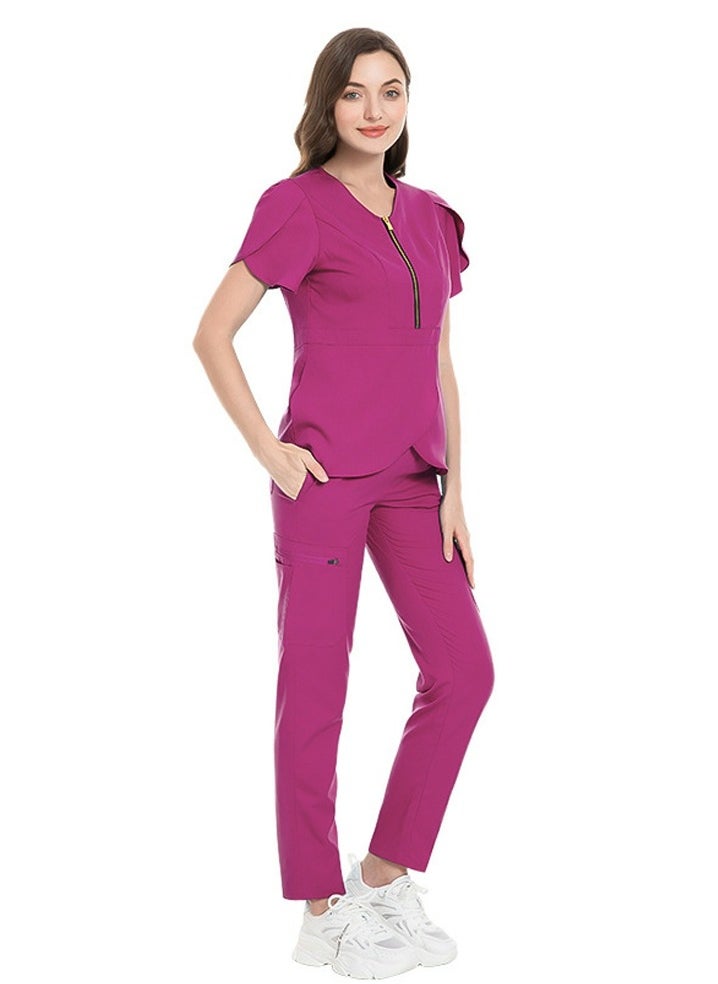 Loquat Womens Slim Fit Medical Uniform Scrubs 2 Piece Set V-Neck Zipper Top and Elastic Waist Pants Suit Rose Pink  - Image 1