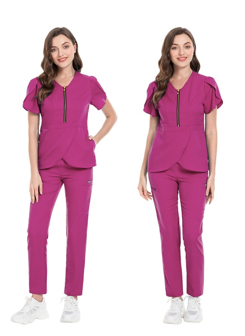 Loquat Womens Slim Fit Medical Uniform Scrubs 2 Piece Set V-Neck Zipper Top and Elastic Waist Pants Suit Rose Pink  - Image 2