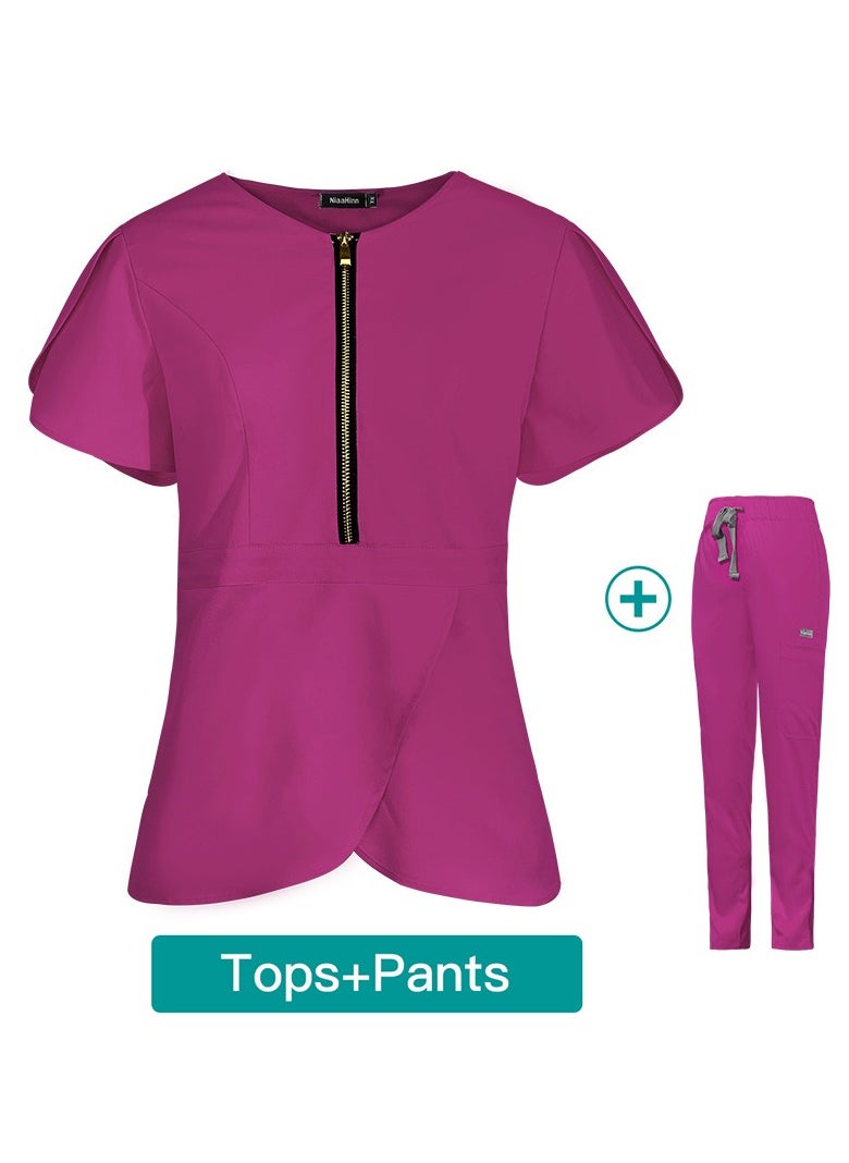 Loquat Womens Slim Fit Medical Uniform Scrubs 2 Piece Set V-Neck Zipper Top and Elastic Waist Pants Suit Rose Pink  - Image 3