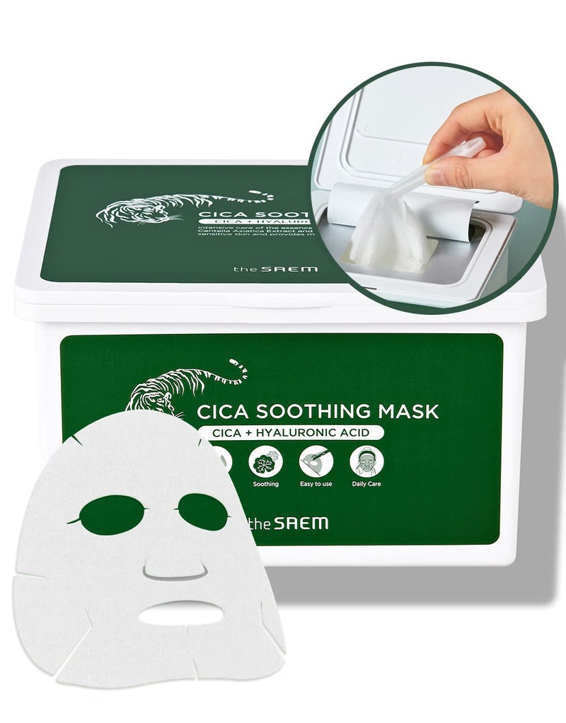 THESAEM Cica Soothing Mask 30ea  Daily Calming Facial Mask Sheet  Centella Asiatica Hyaluronic Acid and Panthenol  Moisturizing Essence with Vegan Sheet  Korean Skincare